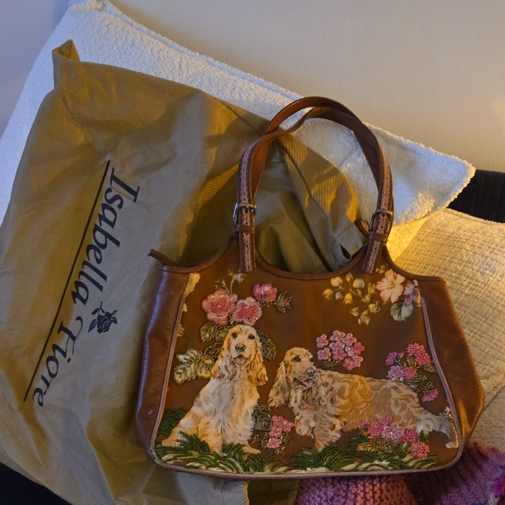 Isabella Fiore Tan Handbag with Floral and Dog Embroidery